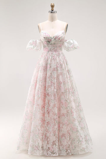 Cold Shoulder Blush Flower Printed A Line Long Prom Dress